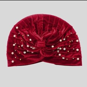 Elegant Red Velvet Turban with Pearl Accents